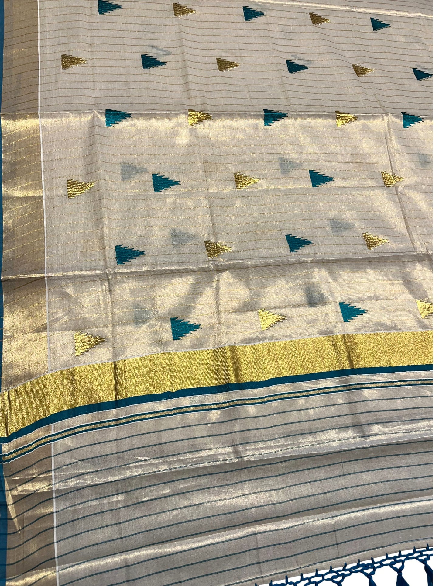Kerala Tissue Kasavu Stripes Saree with Peacock Green and Gold Temple Embroidery Design on Body