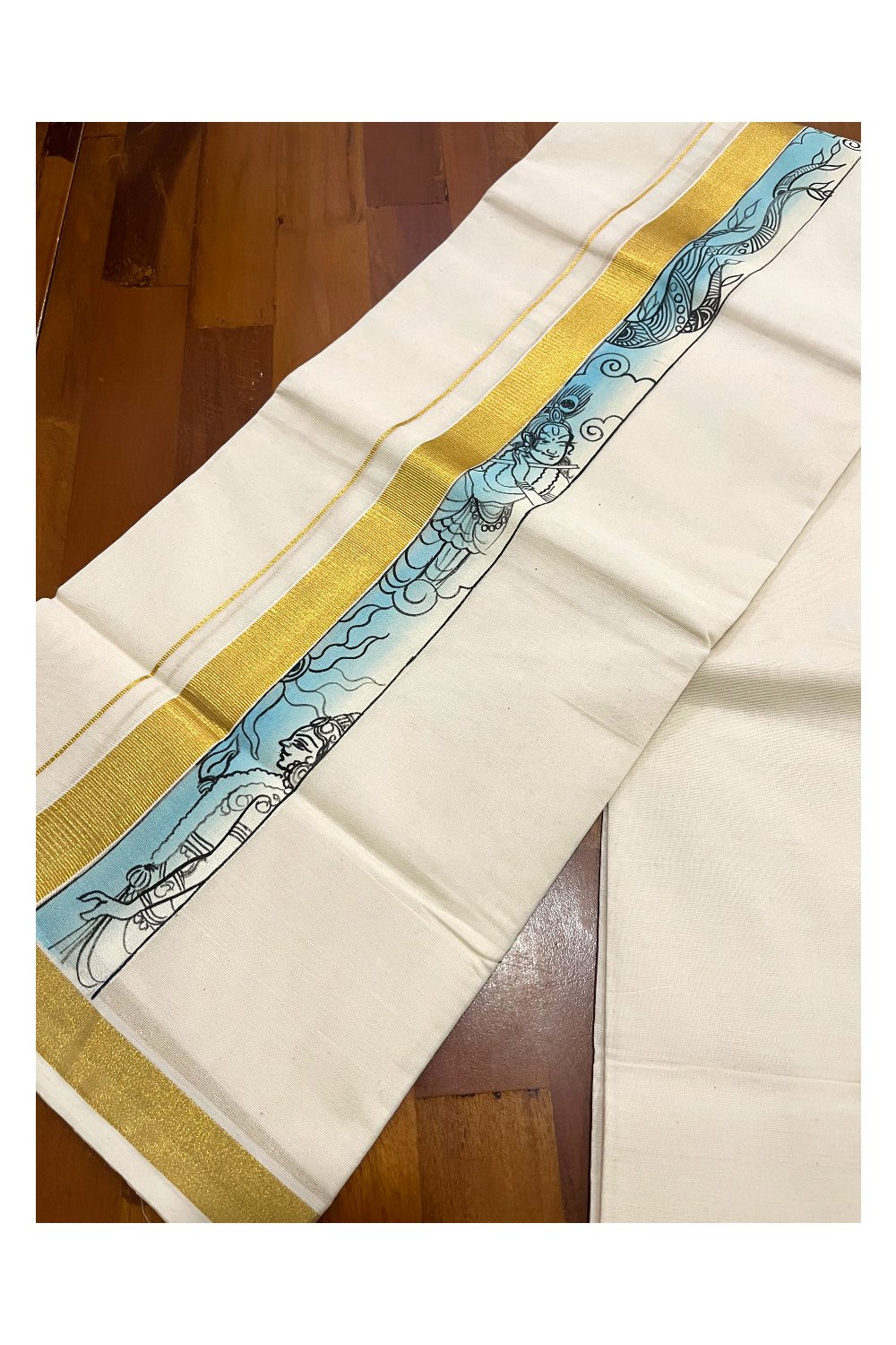 Pure Cotton Kasavu Mundu with Mural Hand Painted Border (Onam Mundu 2023)