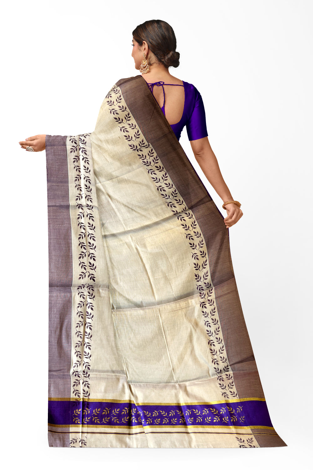 Kerala Tissue Kasavu Saree with Golden and Violet Block Prints on Border and Tassels Works