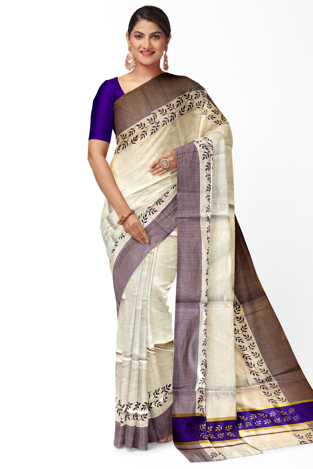 Kerala Tissue Kasavu Saree with Golden and Violet Block Prints on Border and Tassels Works