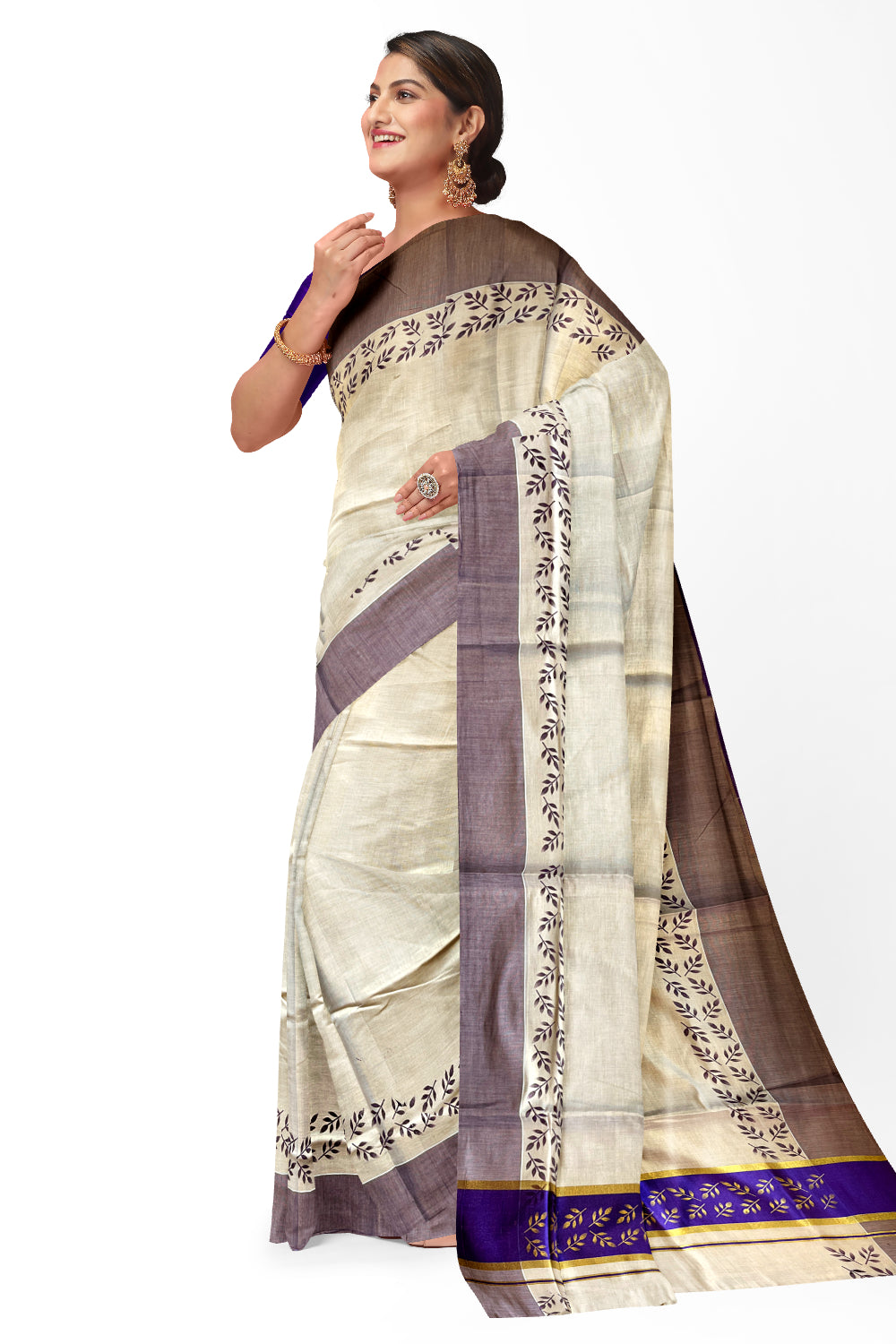 Kerala Tissue Kasavu Saree with Golden and Violet Block Prints on Border and Tassels Works