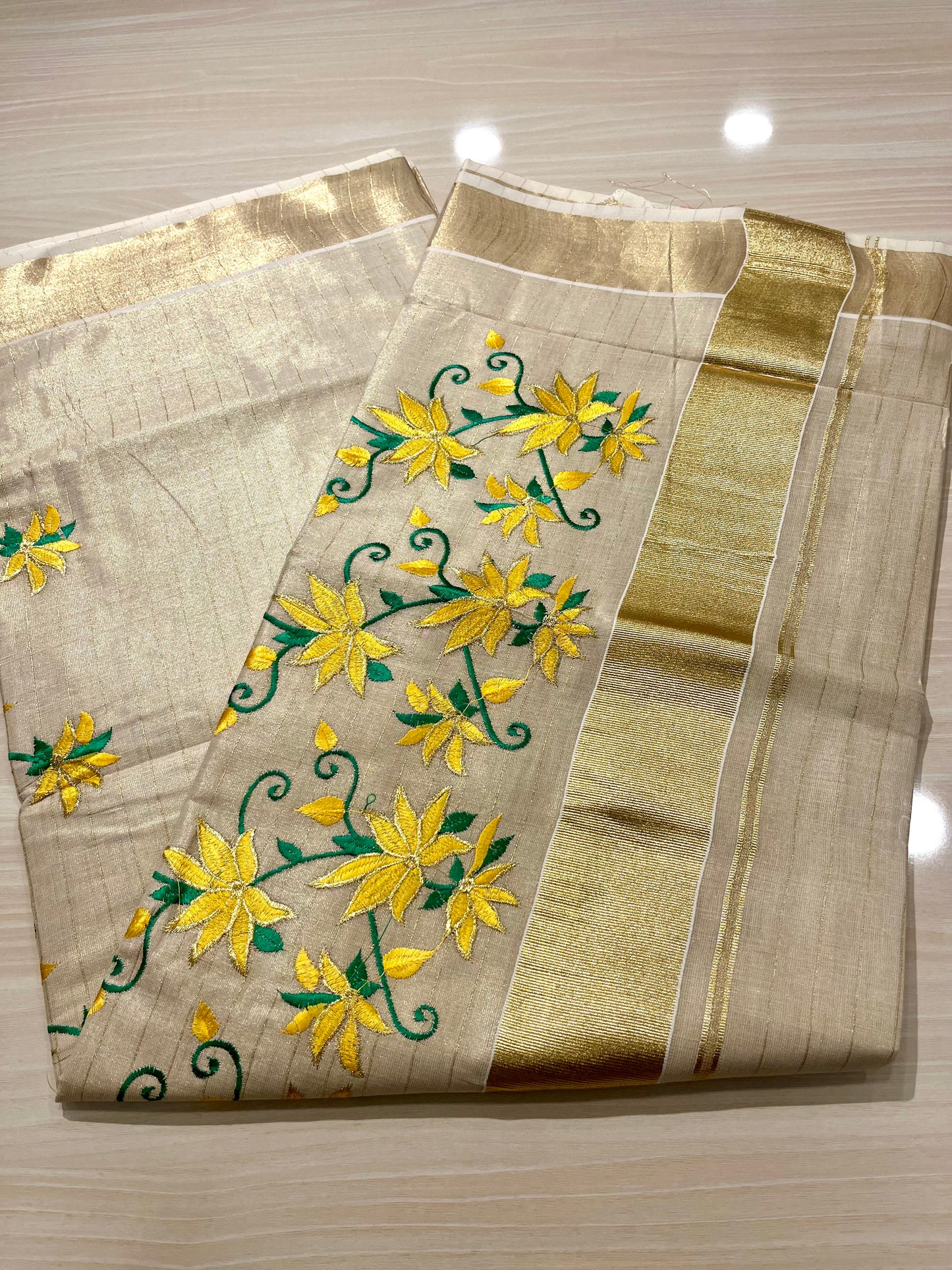 Kerala Tissue Saree With Yellow Floral  Embroidery SL144