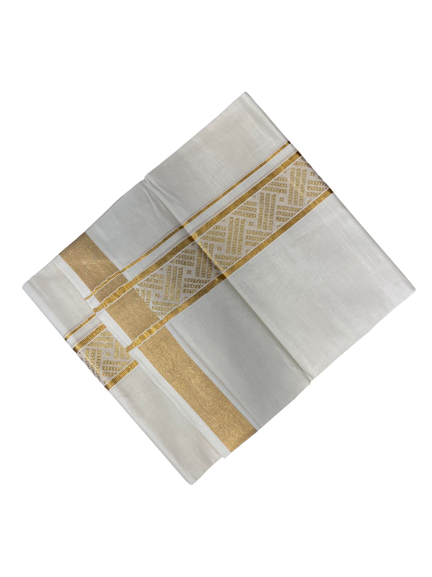 Southloom Kerala Pure Cotton Double Mundu with Gold Kasavu Border with Gold Woven Work (South Indian Dhoti)