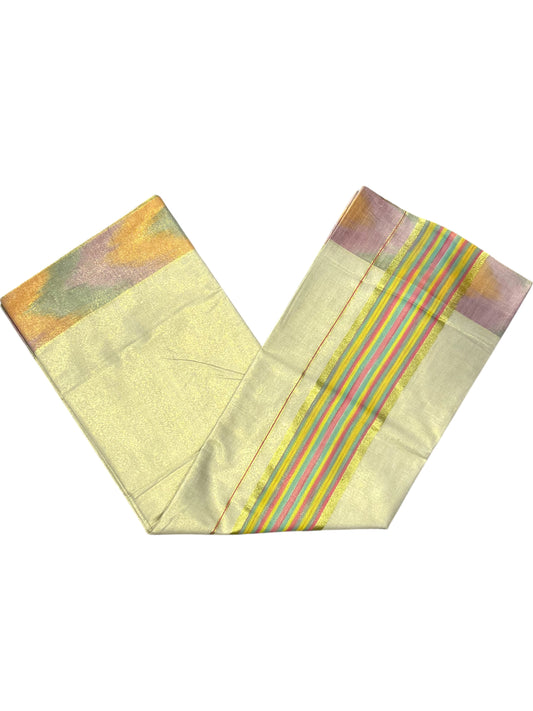 Southloom Kerala Tissue Kasavu Saree with Multi Colour Pochampally Design on Borders and Kara