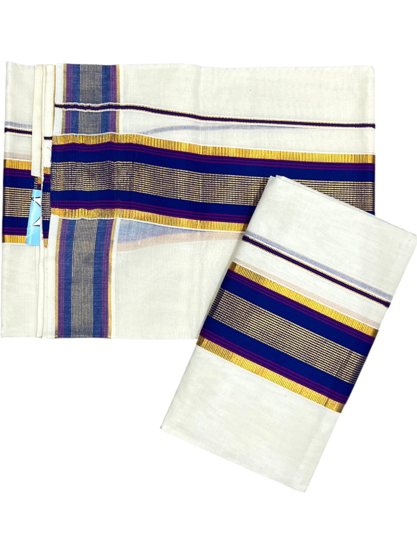 Kerala Cotton Set Mundu (Mundum Neriyathum) with Kasavu and Blue Border in 2.80 Mtrs SLKK SL470
