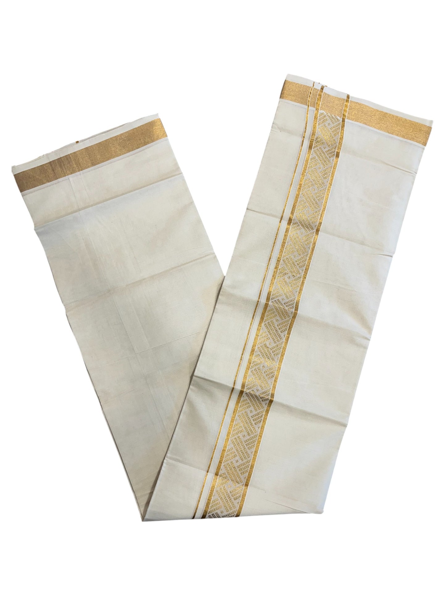 Southloom Kerala Pure Cotton Double Mundu with Gold Kasavu Border with Gold Woven Work (South Indian Dhoti)
