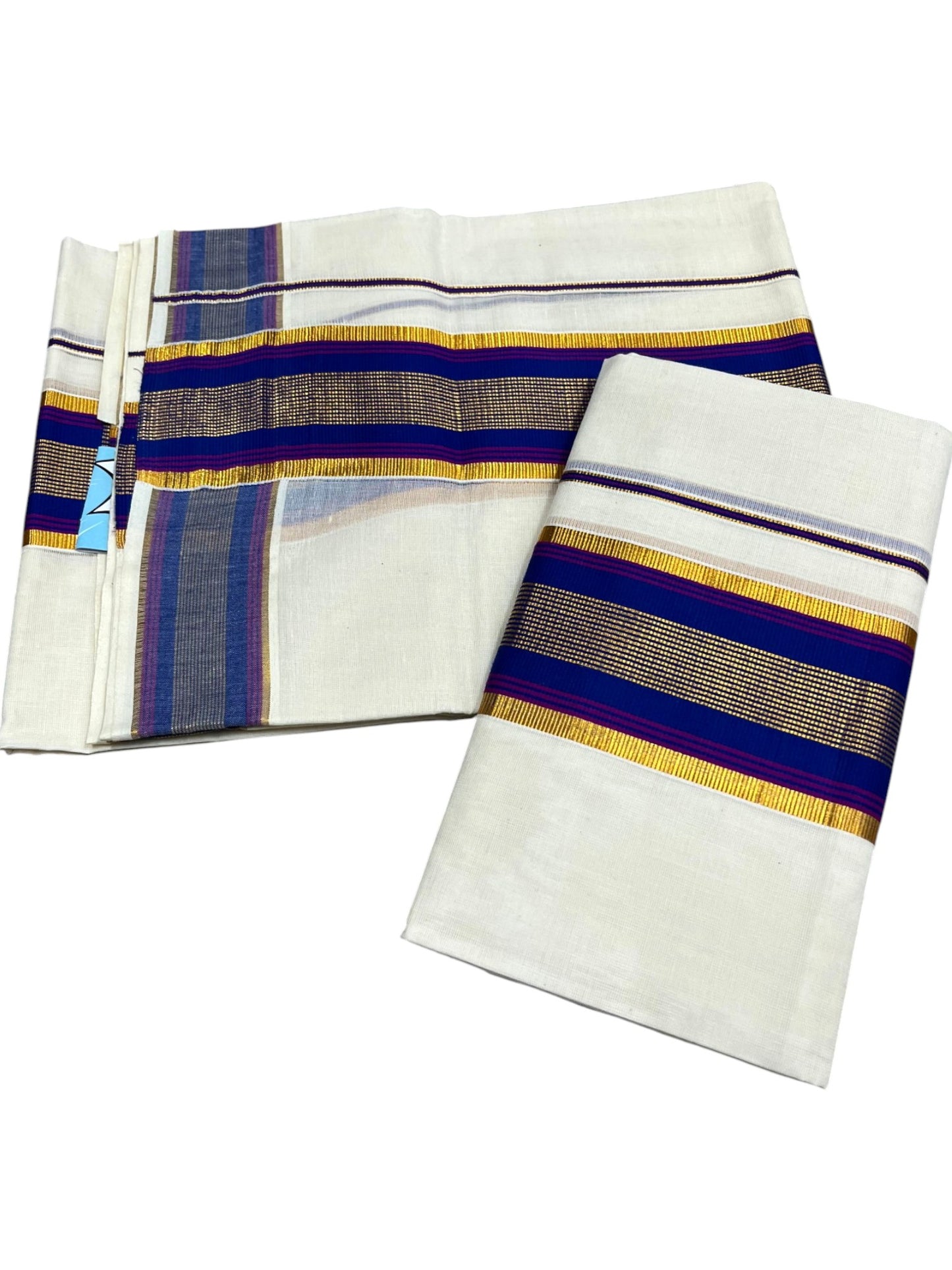 Kerala Cotton Set Mundu (Mundum Neriyathum) with Kasavu and Blue Border in 2.80 Mtrs SLKK SL470