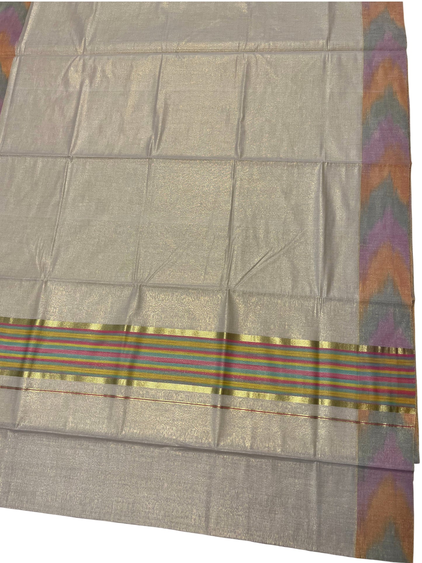 Southloom Kerala Tissue Kasavu Saree with Multi Colour Pochampally Design on Borders and Kara
