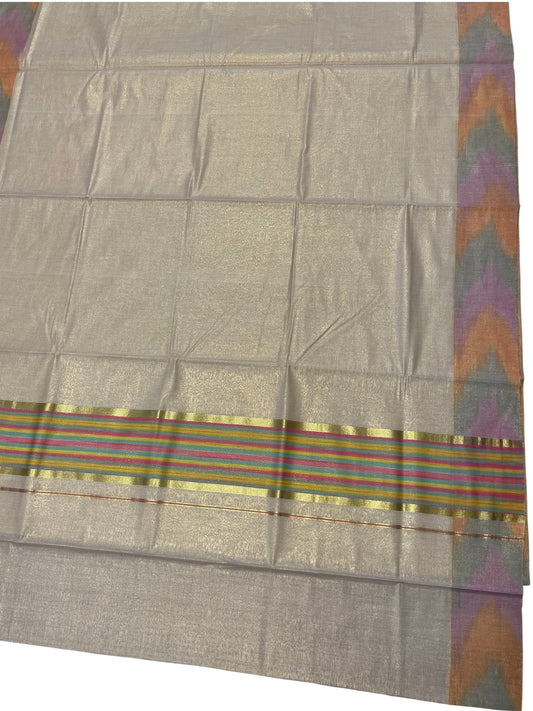 Southloom Kerala Tissue Kasavu Saree with Multi Colour Pochampally Design on Borders and Kara