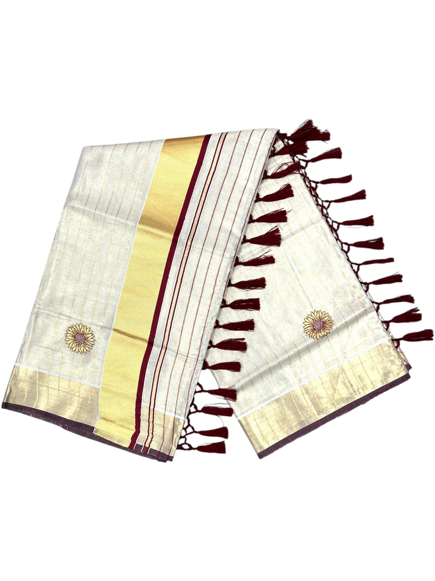 Southloom Kerala Tissue Kasavu Lines Saree with Embroidery Work on Body in Maroon SL315