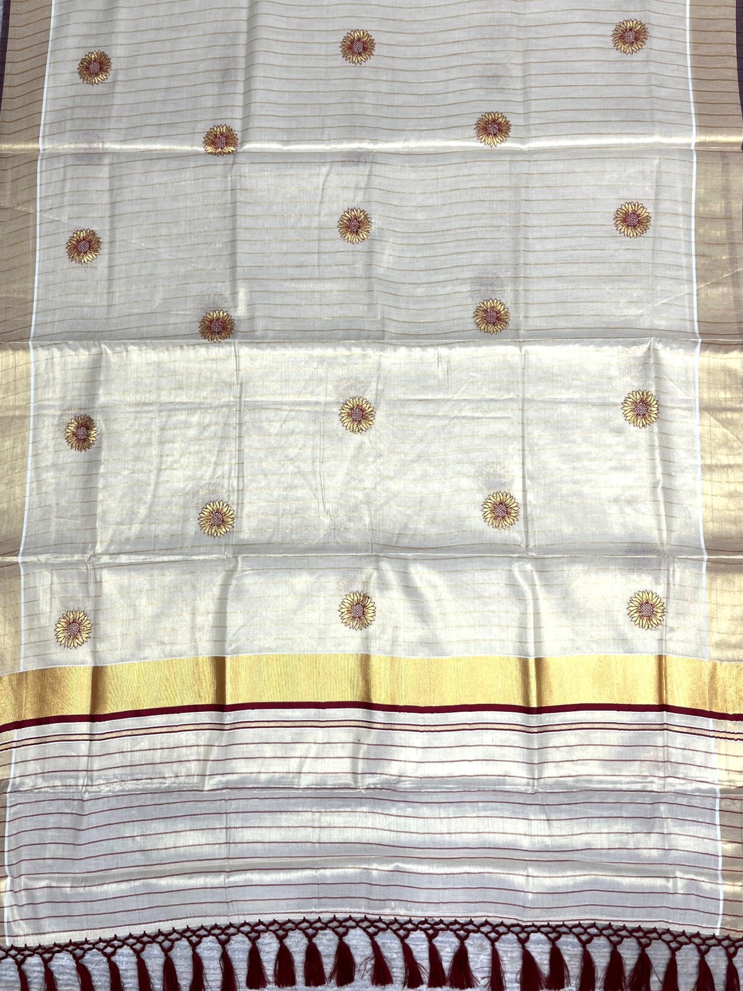 Southloom Kerala Tissue Kasavu Lines Saree with Embroidery Work on Body in Maroon SL315