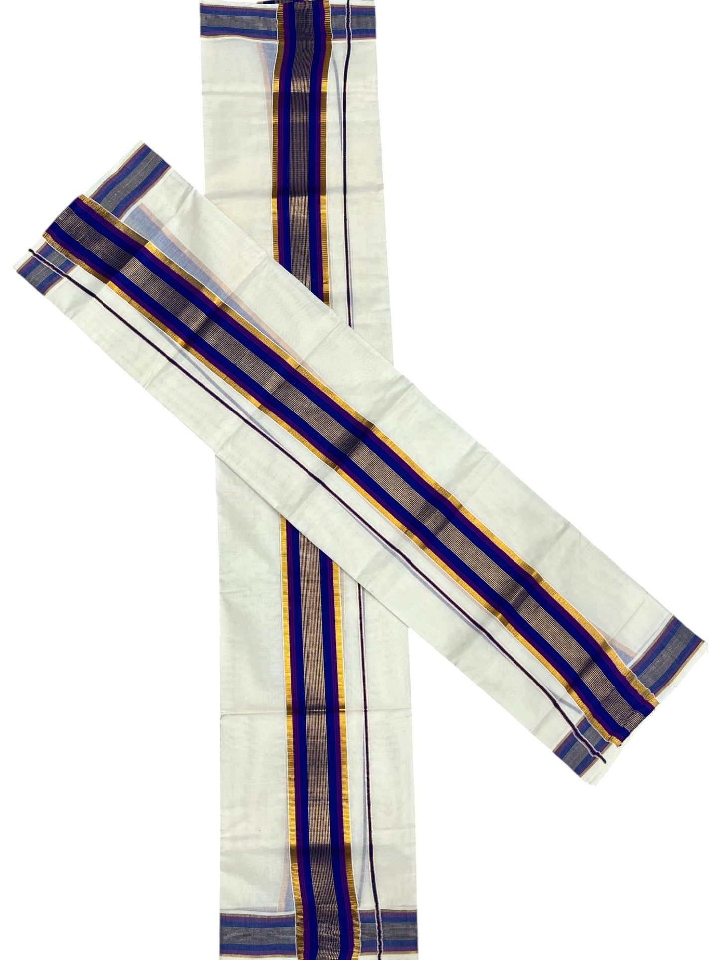 Kerala Cotton Set Mundu (Mundum Neriyathum) with Kasavu and Blue Border in 2.80 Mtrs SLKK SL470