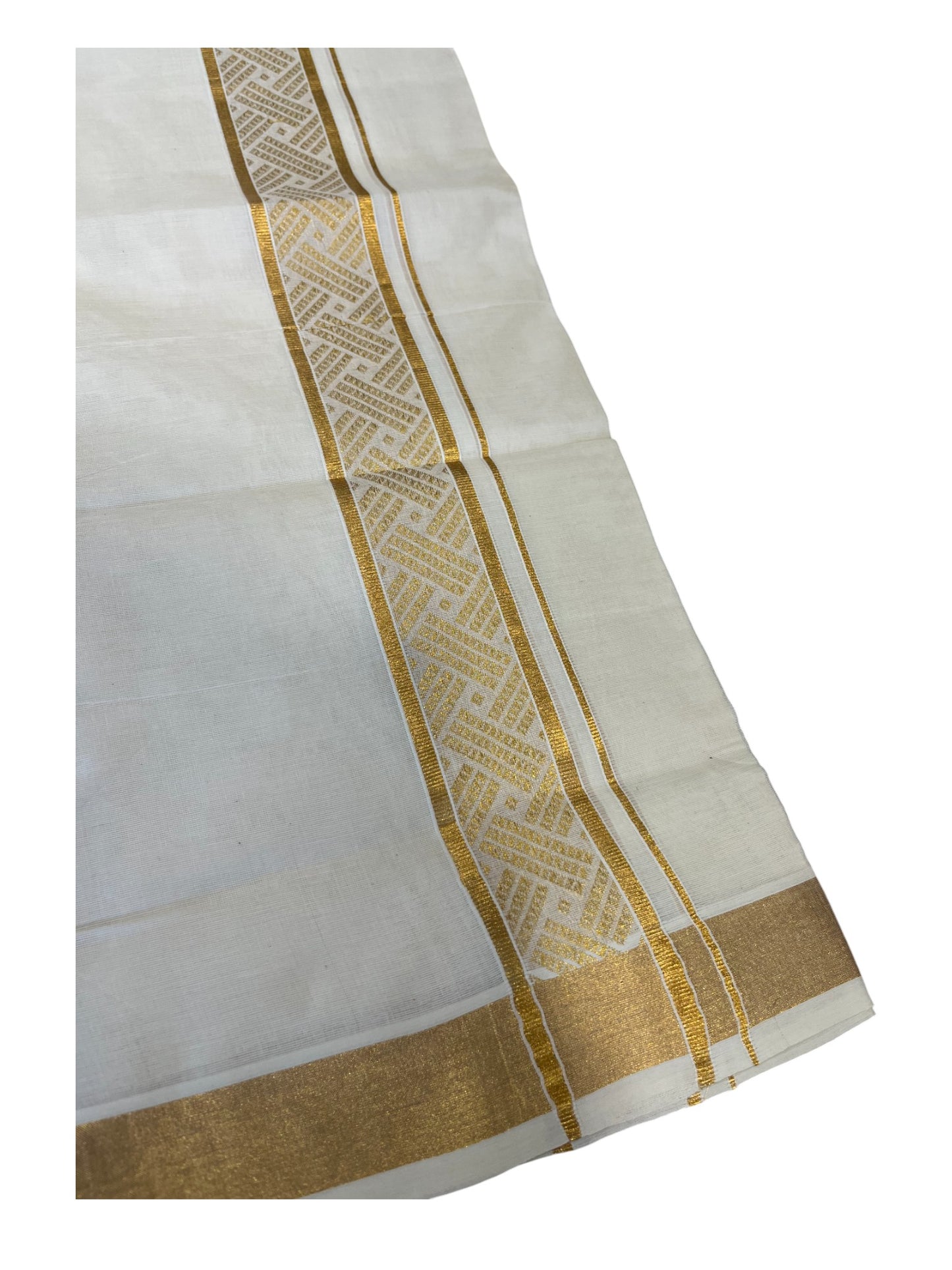 Southloom Kerala Pure Cotton Double Mundu with Gold Kasavu Border with Gold Woven Work (South Indian Dhoti)
