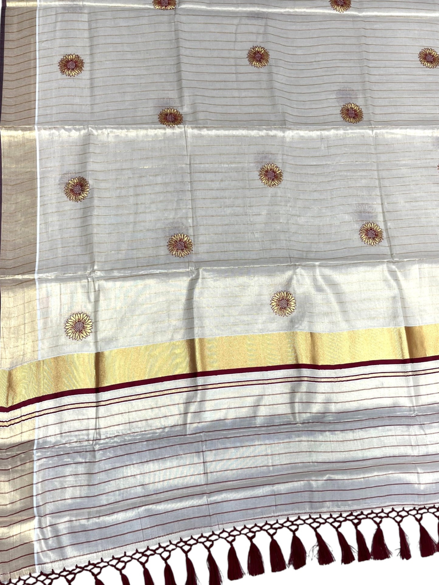 Southloom Kerala Tissue Kasavu Lines Saree with Embroidery Work on Body in Maroon SL315