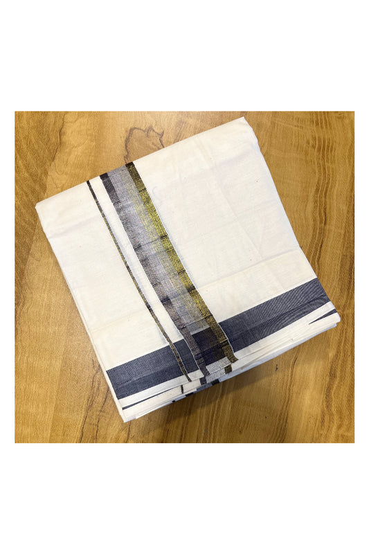 Pure Cotton Mundu with Gold Lines and Grey Kasavu Border (South Indian Kerala Dhoti)