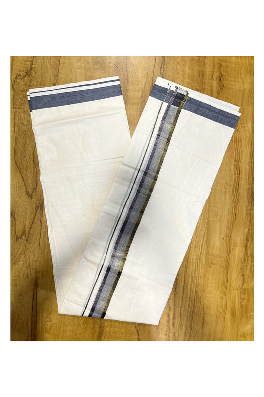 Pure Cotton Mundu with Gold Lines and Grey Kasavu Border (South Indian Kerala Dhoti)