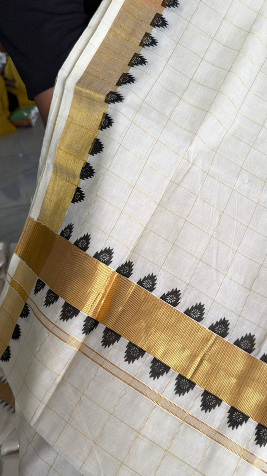Kerala Cotton Kasavu Check Saree With Temple Border SL165