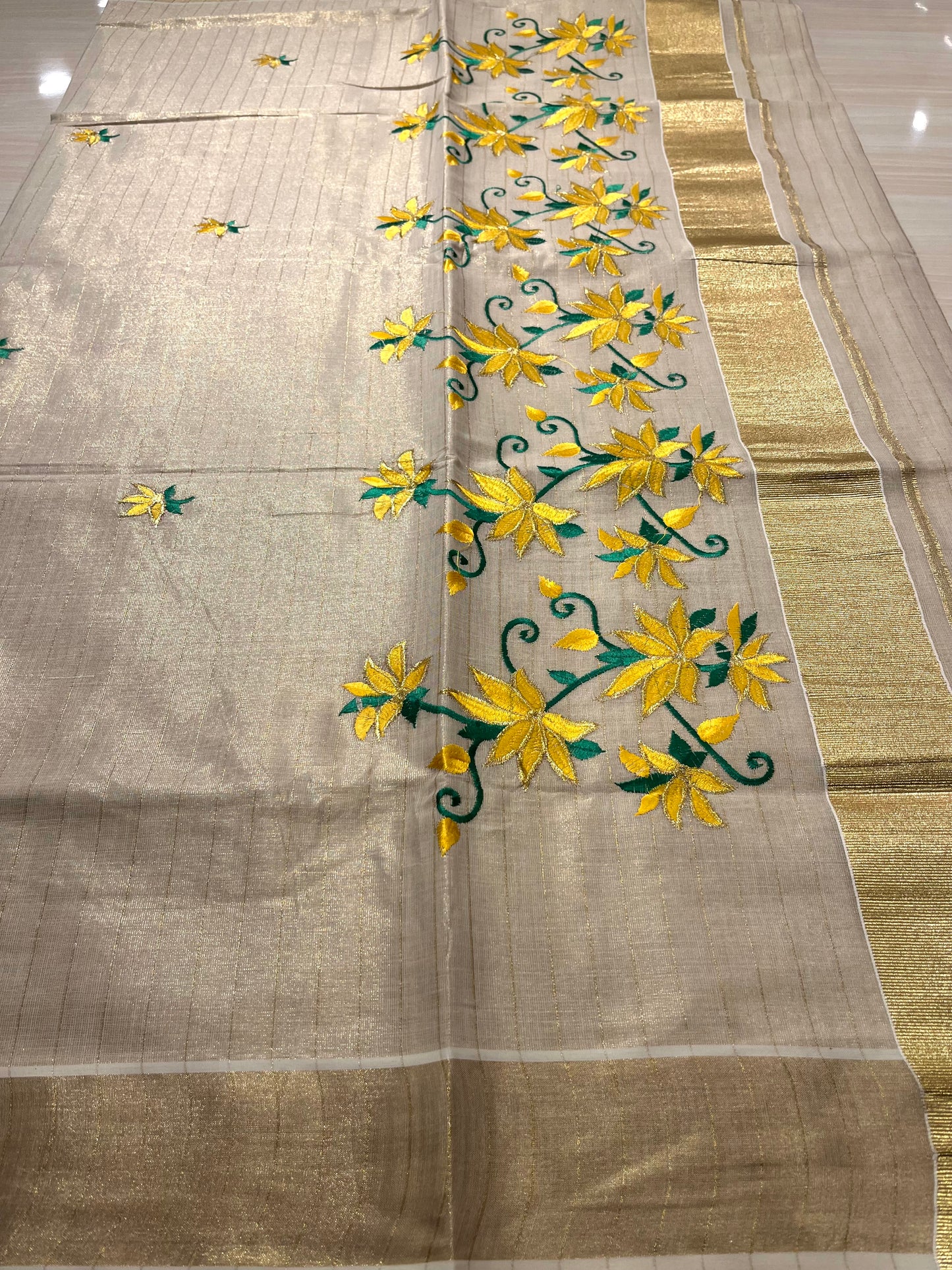 Kerala Tissue Saree With Yellow Floral  Embroidery SL144