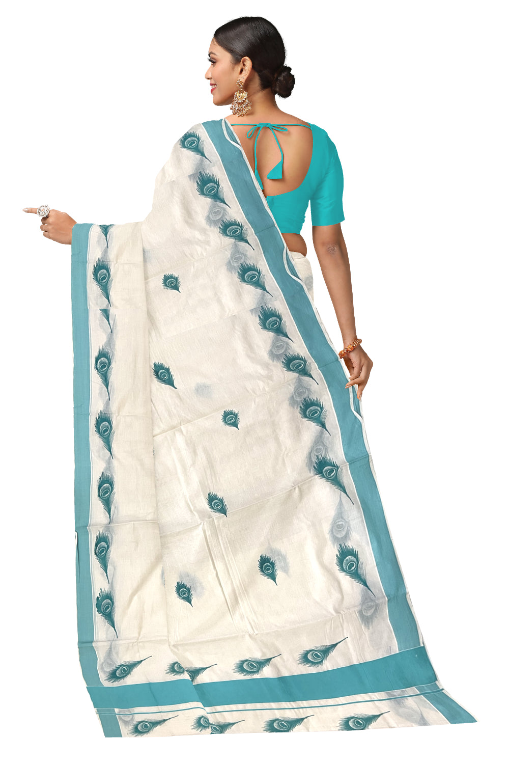 Pure Cotton Kerala Saree with Turquoise Feather Block Printed Border (Onam Saree 2023)