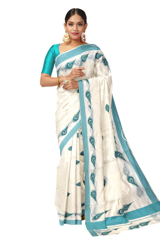 Pure Cotton Kerala Saree with Turquoise Feather Block Printed Border (Onam Saree 2023)