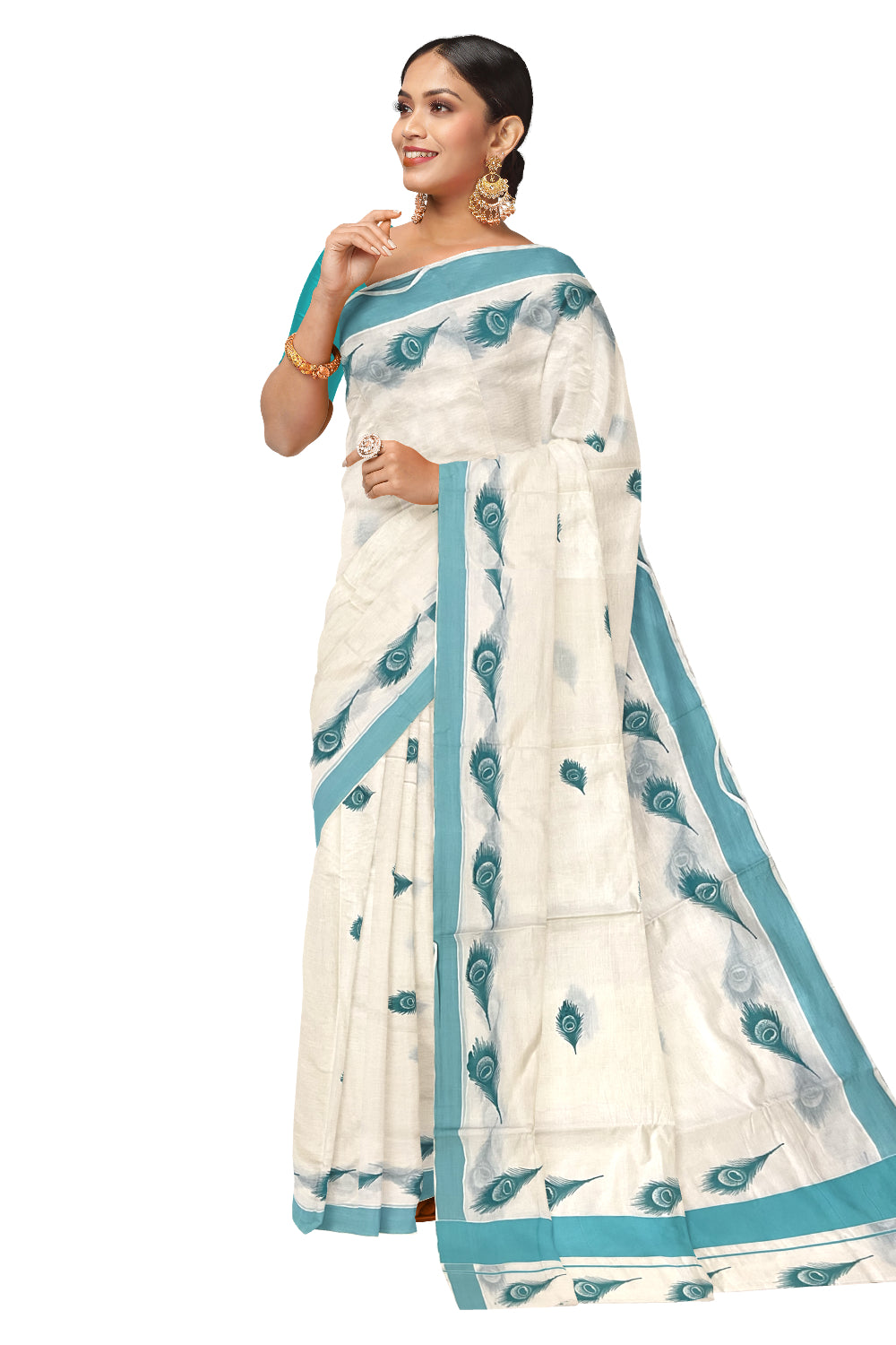 Pure Cotton Kerala Saree with Turquoise Feather Block Printed Border (Onam Saree 2023)