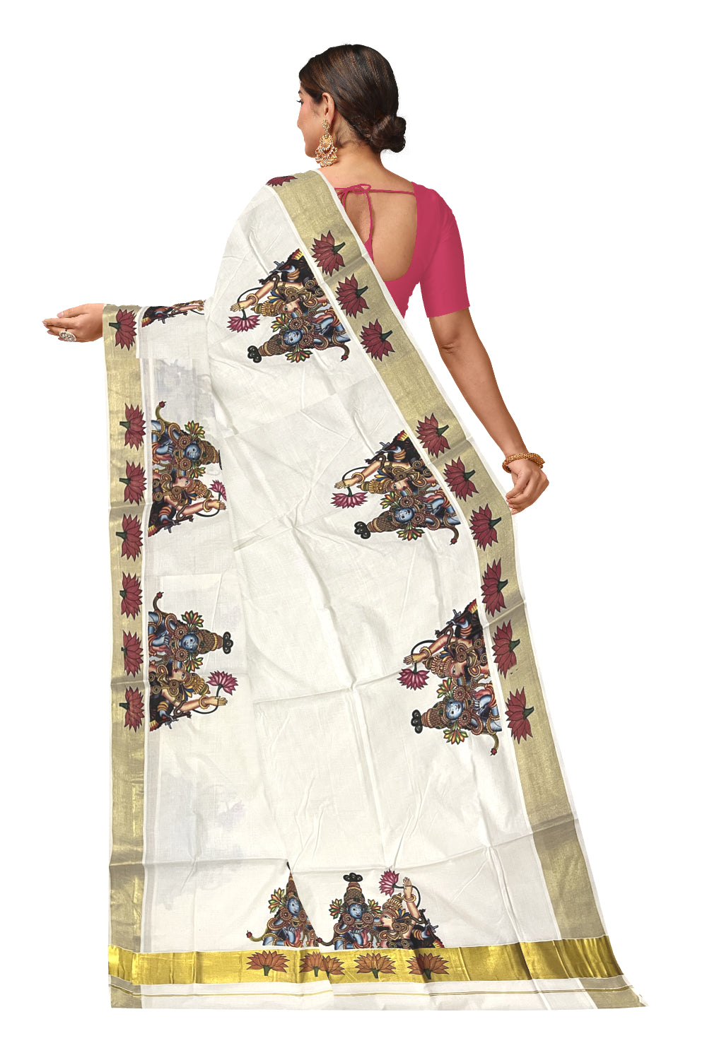 Pure Cotton Kerala Kasavu Saree with Krishna Radha Mural Printed Design