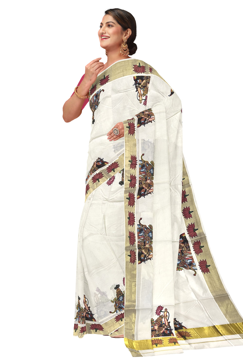 Pure Cotton Kerala Kasavu Saree with Krishna Radha Mural Printed Design