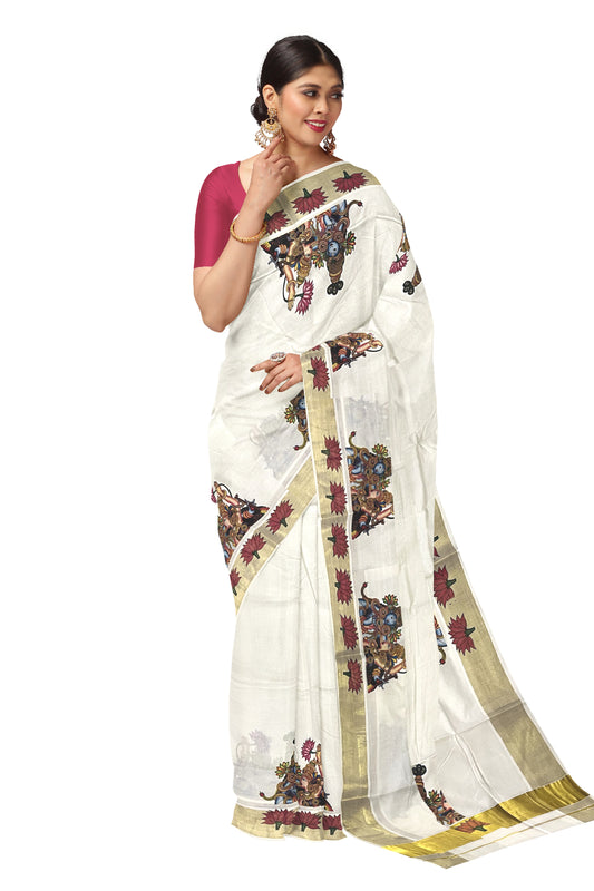 Pure Cotton Kerala Kasavu Saree with Krishna Radha Mural Printed Design