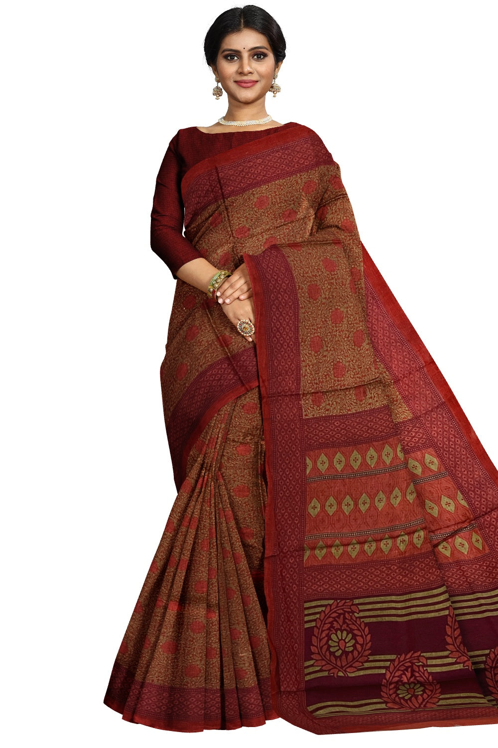 Southloom Cotton Red Designer Printed Saree