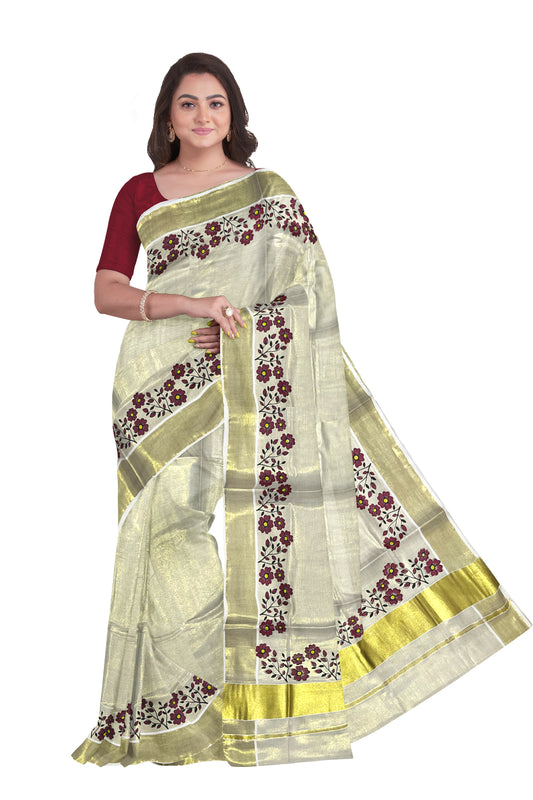 Kerala Tissue Kasavu Saree with Maroon Floral Block Printed Designs