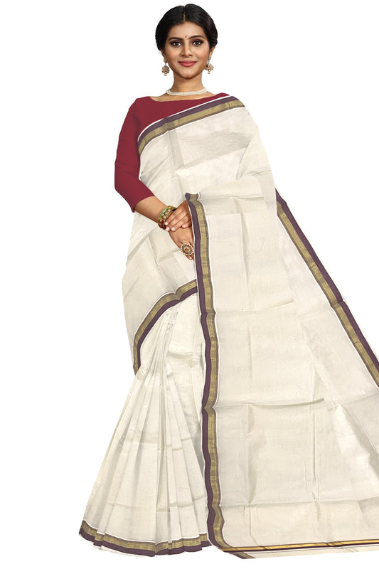 Pure Cotton Kerala Plain Saree with Kasavu and Purple Border