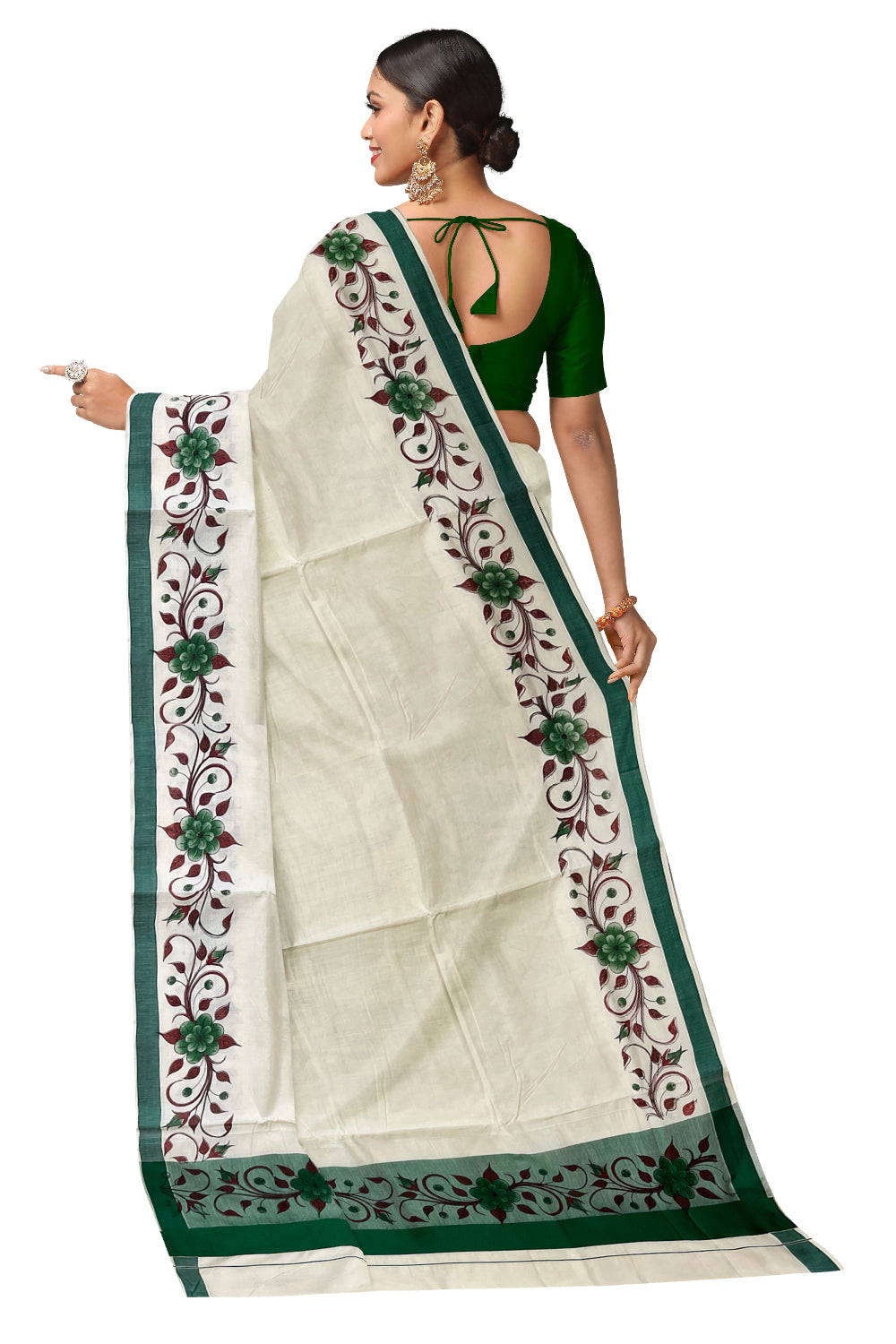 Pure Cotton Kerala Saree with Floral Block Printed Green Border