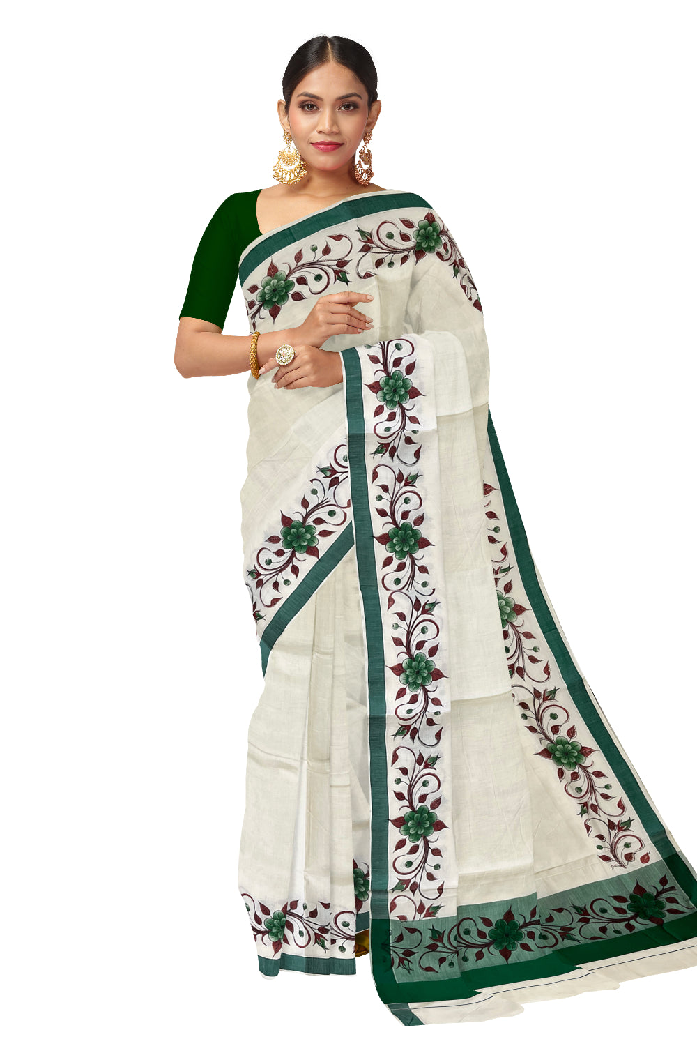 Pure Cotton Kerala Saree with Floral Block Printed Green Border