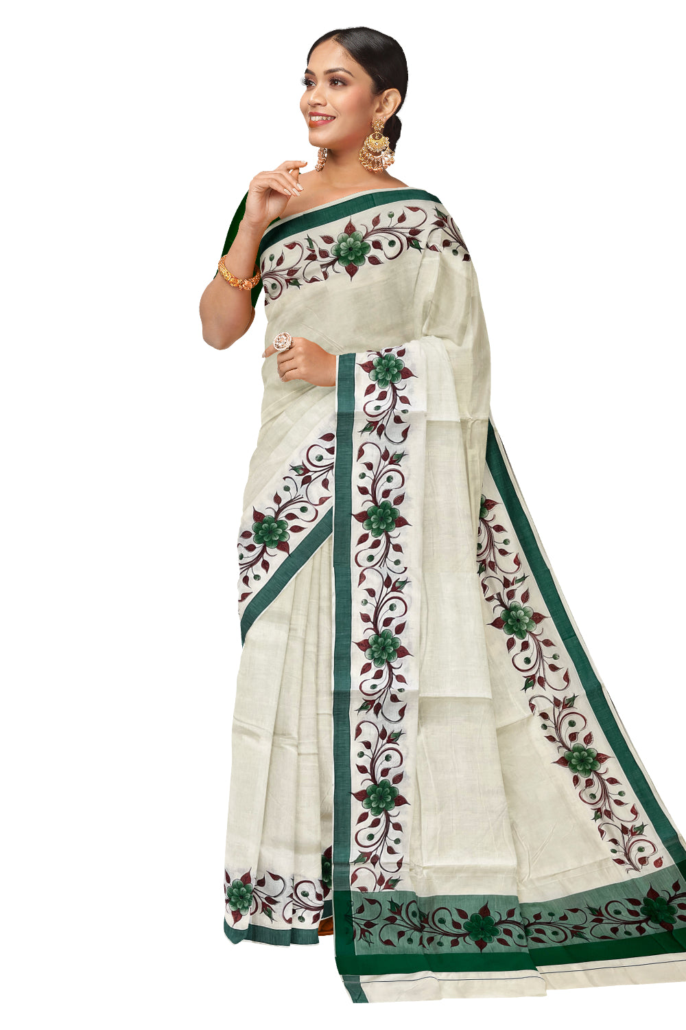 Pure Cotton Kerala Saree with Floral Block Printed Green Border