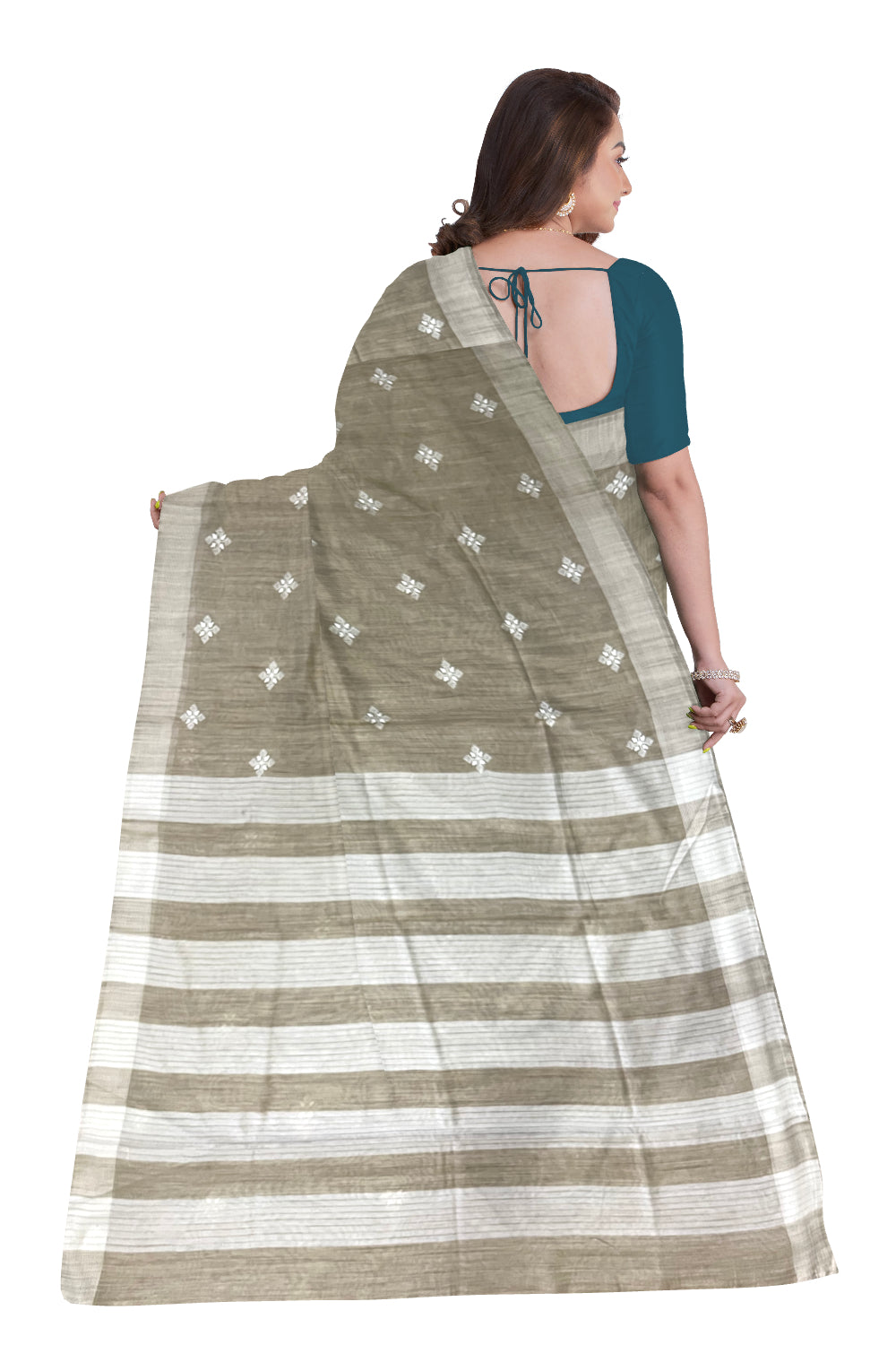 Southloom Cotton Light Brown Designer Saree with Floral Butta Embroidery Work