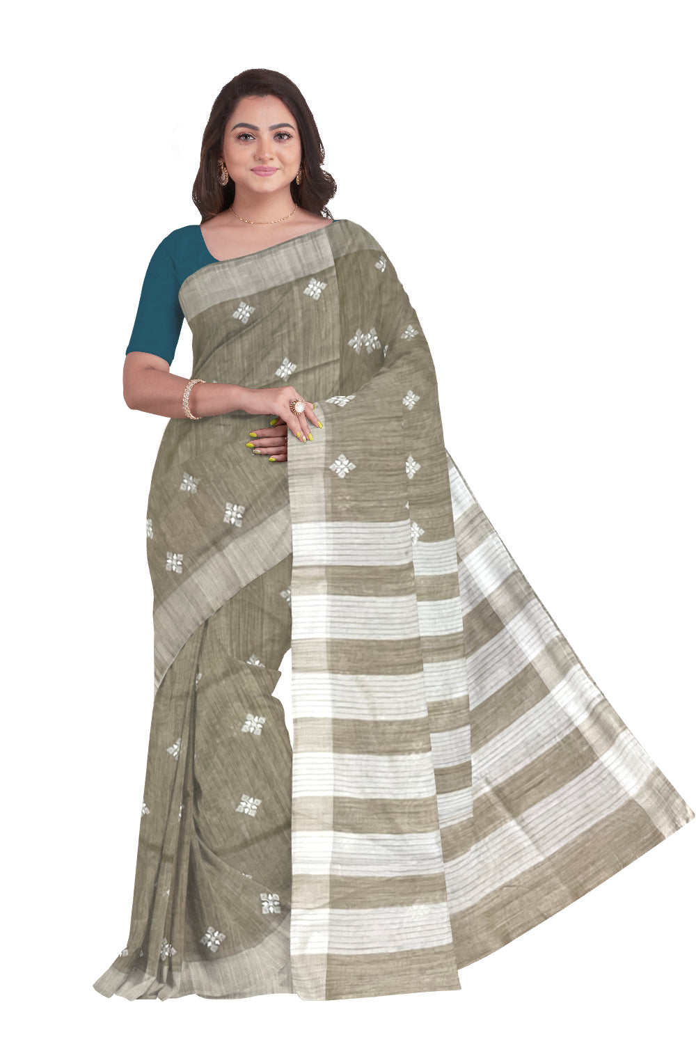 Southloom Cotton Light Brown Designer Saree with Floral Butta Embroidery Work