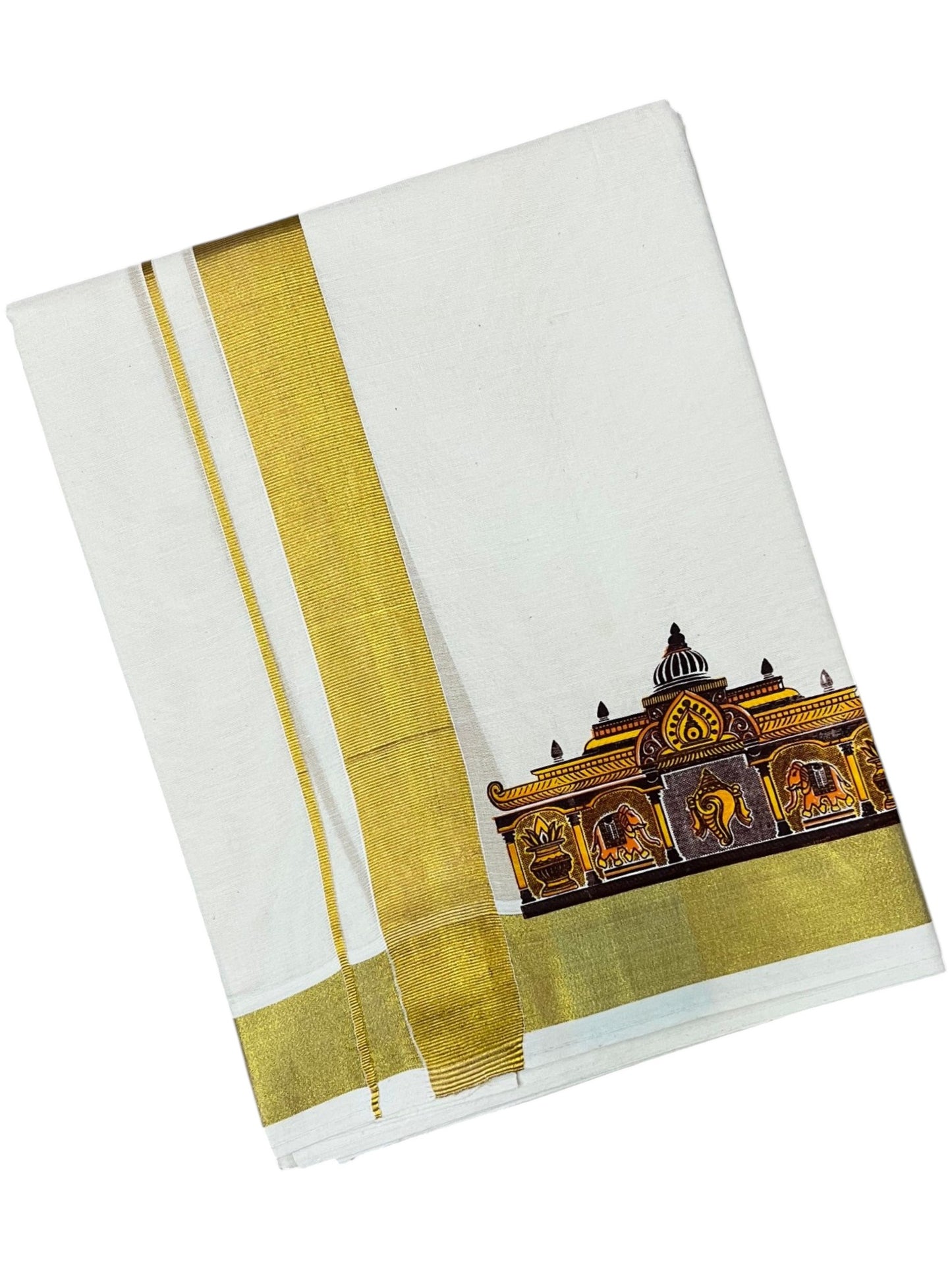 Southloom Kerala Cotton Temple Digital Printed Double Mundu (South Indian Kerala Dhoti) SL567