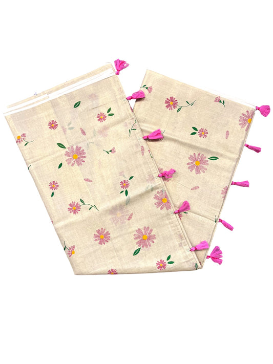 Southloom Kerala Tissue Kasavu Saree with Pink Floral Print on Body and Border
