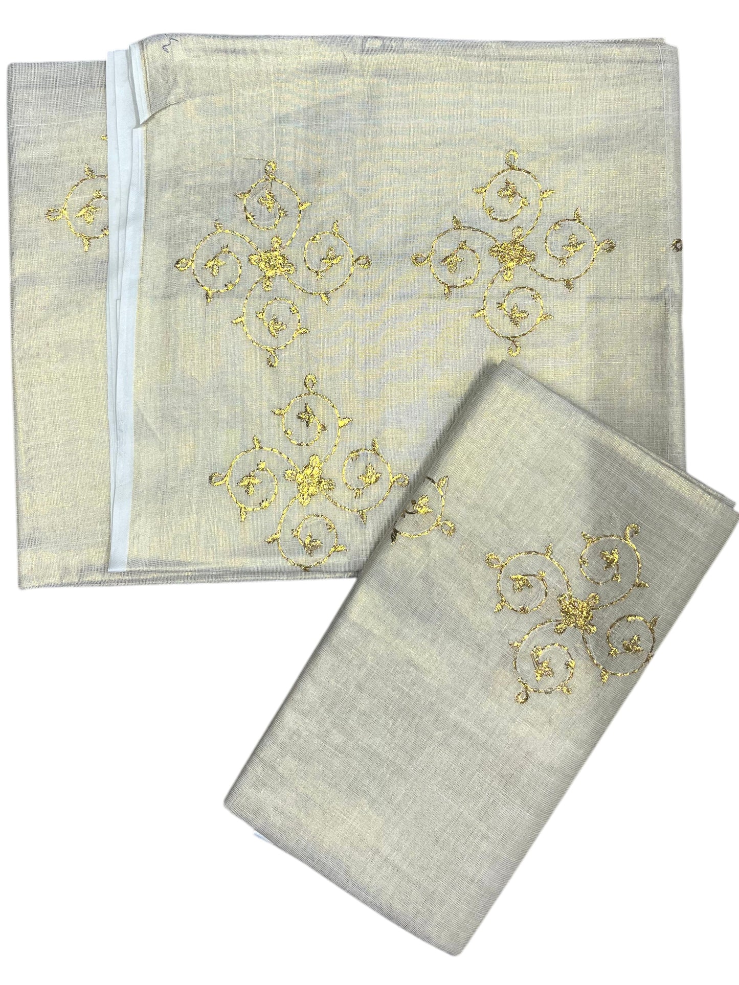 Southloom Kerala Tissue Kasavu Single Set Mundu (Mundum Neriyathum) Golden Embroidery Work
