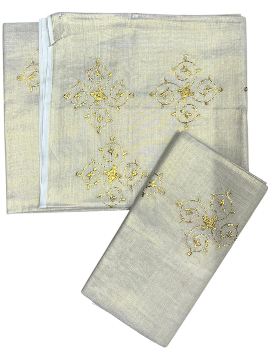 Southloom Kerala Tissue Kasavu Single Set Mundu (Mundum Neriyathum) Golden Embroidery Work