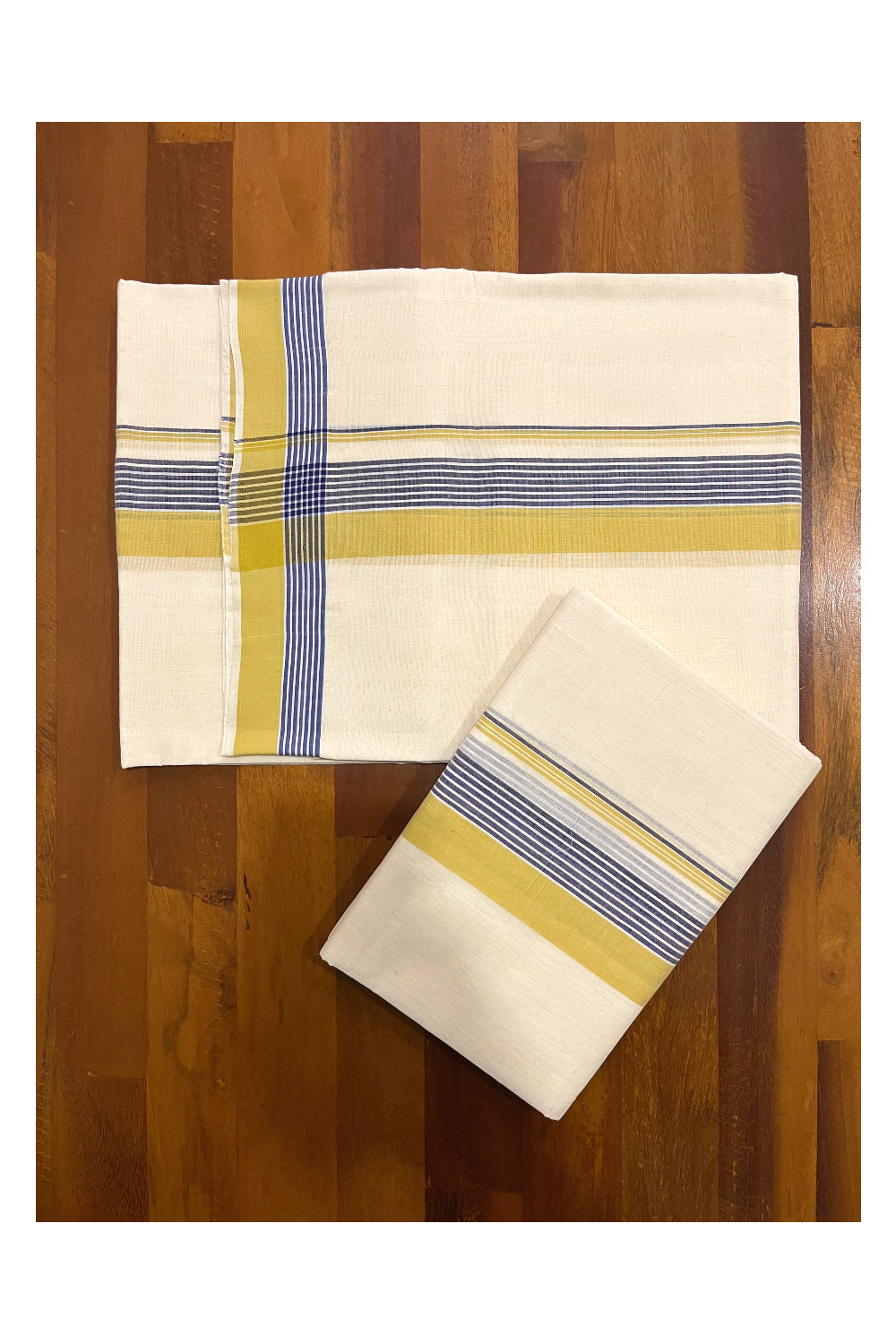 Southloom Premium Handloom Single Set Mundu (Mundum Neriyathum) with Yellow and Blue Border 2.80 Mtrs