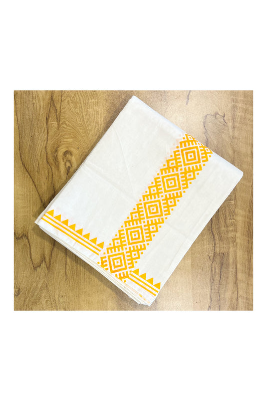 Pure Cotton Off White Double Mundu with Block Prints on Yellow Kara (South Indian Dhoti)