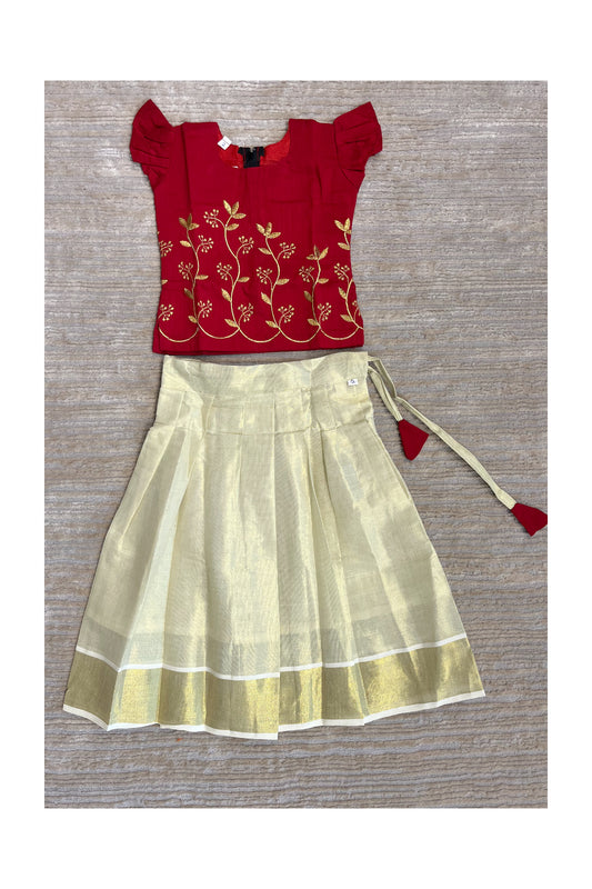 Southloom Kerala Red And Tissue Pavada Blouse with Bead Work for Kids (Age 1 - 10)