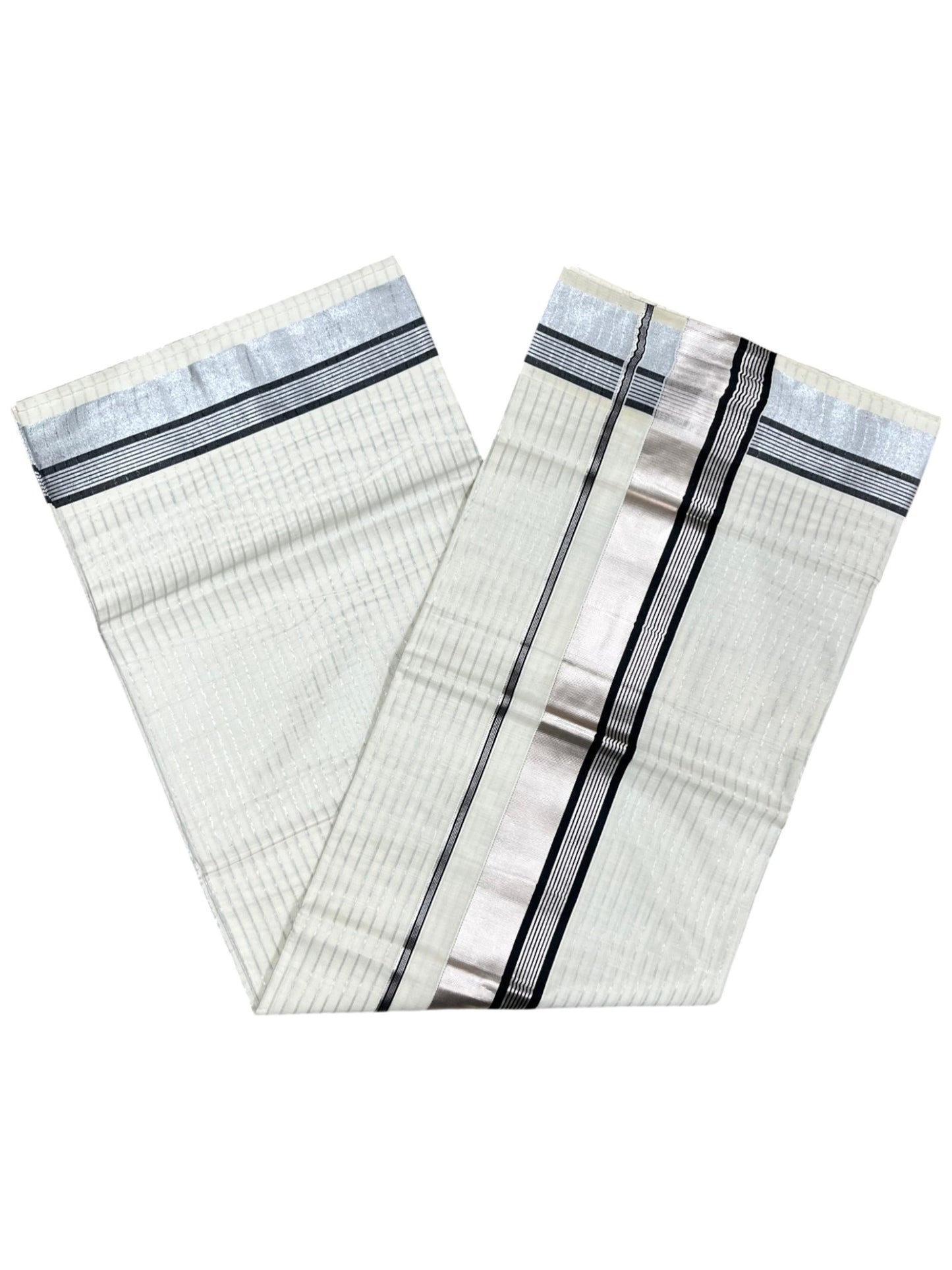 Southloom Pure Cotton Kerala Silver Kasavu Lines Saree with Black and Silver Border
