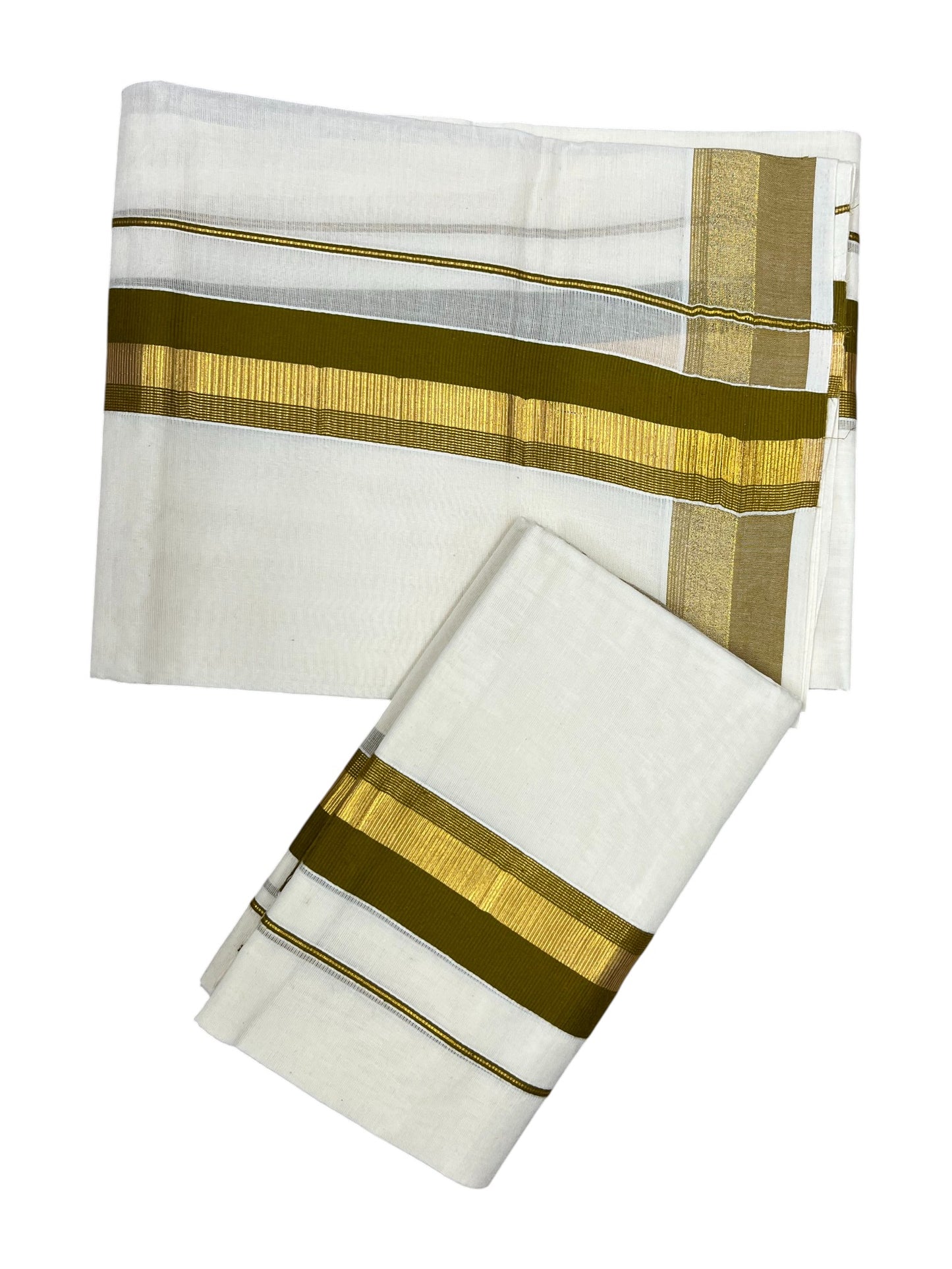 Kerala Cotton Kasavu Set Mundu (Mundum Neriyathum) with Olive Green and Gold Border