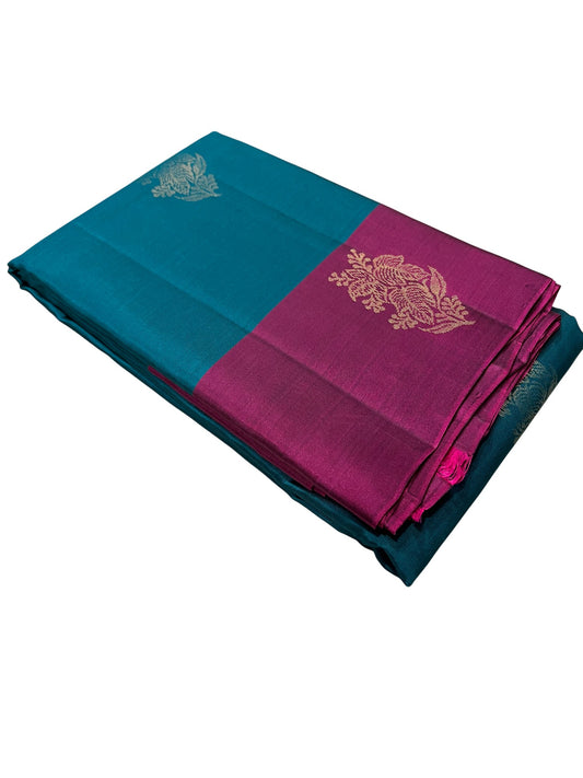 Southloom Pure Handloom Kanchipuram Silk Saree with Butta Work (Blue & Magenta)