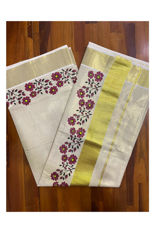 Kerala Tissue Kasavu Saree with Maroon Floral Block Printed Designs