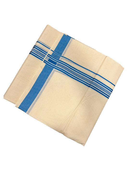 Southloom Pure Cotton Double Mundu With White Lines & Blue Border (South Indian Kerala Dhoti)