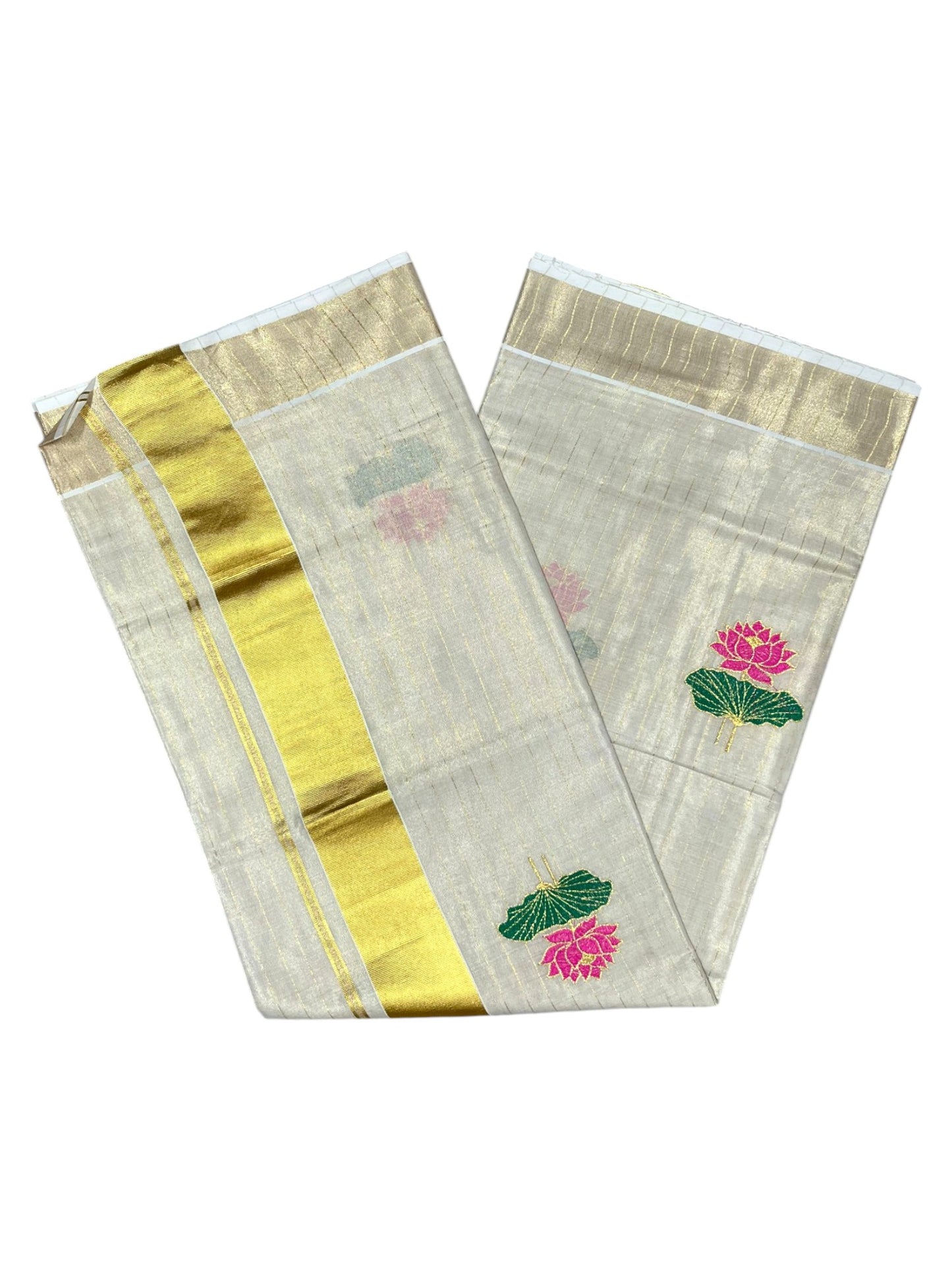 Southloom Kerala Tissue Kasavu  Saree with Pink And Green Lotus Embroidary Works on Body