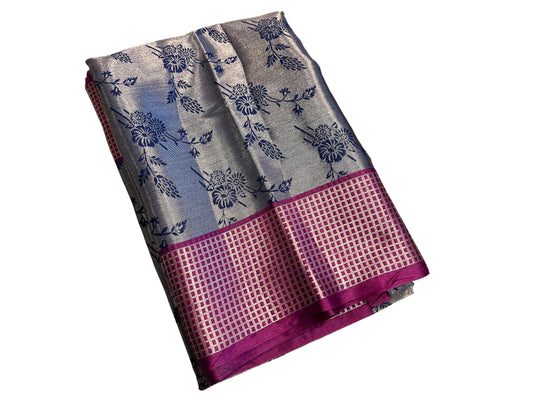 Southloom Tissue Silk Saree with Woven Work on Body and Borders (Blue & Magenta)